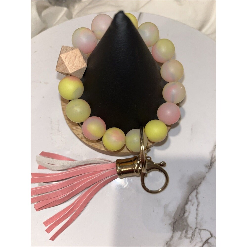 Silicone Beaded Wristlet Keychain Bracelet Tassel Key Ring Holder